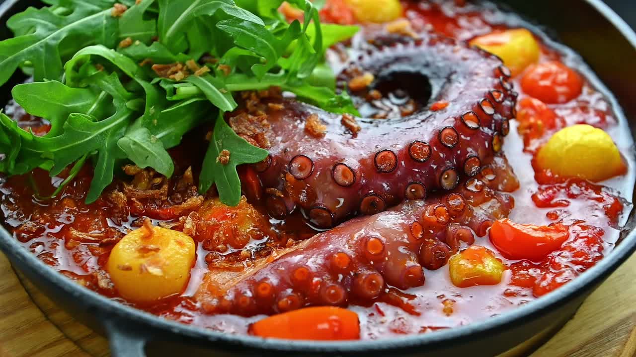 Mustekalan valmistus tulisessa kastikkeessa kasvisten kanssa kulhossa. Henkilö valmistaa mustekalaa tulisessa kastikkeessa kirsikkatomaattien ja vihreiden kasvisten kanssa kulhossa.