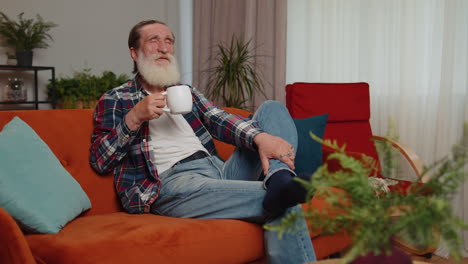 attractive smiling senior old grandfather man drinking a cup of coffee or herbal tea at home couch