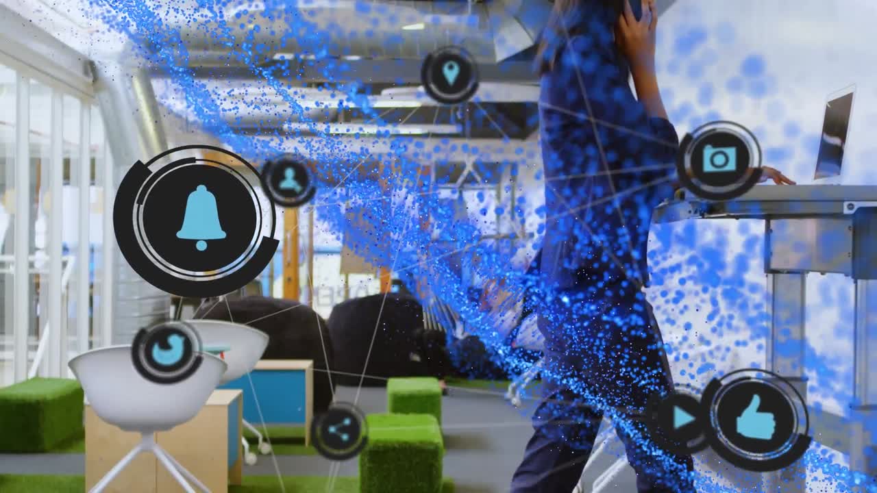 Animation of shapes and media icons over biracial businesswoman using smartphone in office