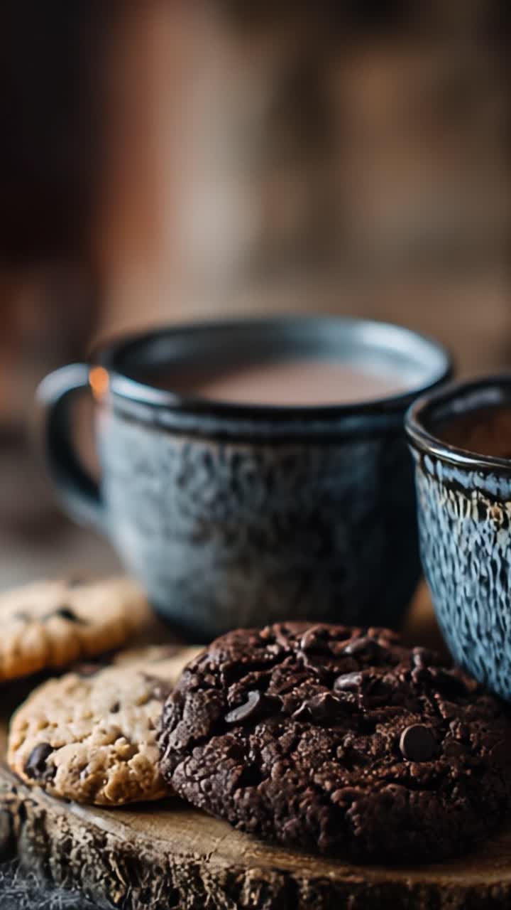 Dekadente lækkerier: En hyggelig scene med rige chokoladekager og dampende varme drikke, perfekt til at forkæle sig selv og nyde et varmt, afslappende øjeblik.
