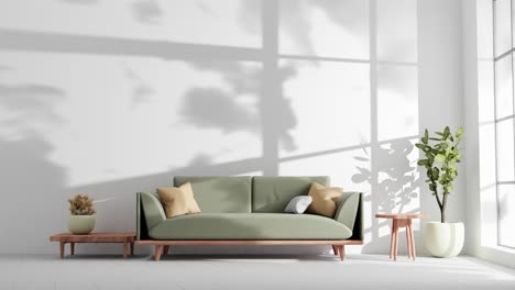 modern apartment living room with couch and shadows clouds on wall by gently summer wind breeze rendering animation architecture interior design concept