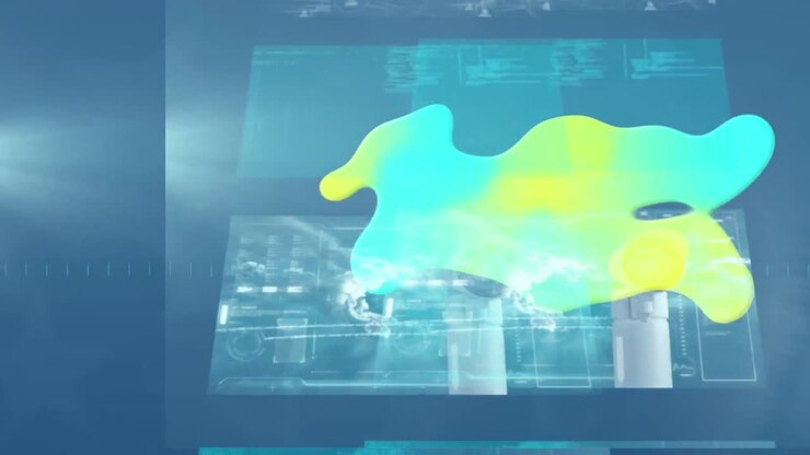 Animation of glowing blob and screens with data processing on blue background