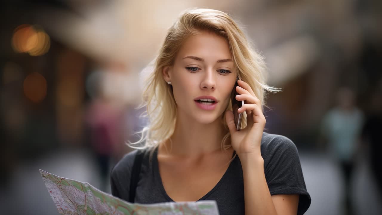 地図を手に持ちながら電話で会話をし、活気のある都市を探索する若い女性。好奇心と冒険心が表情に表れています。