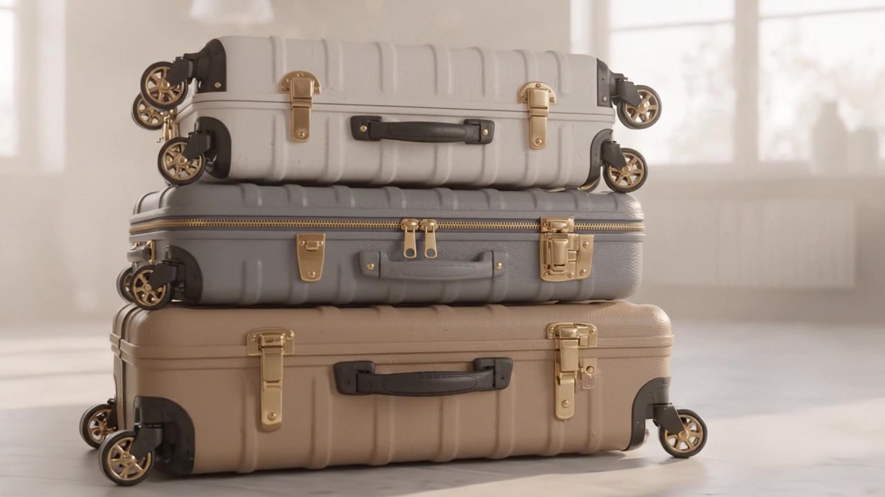 Bagagli da viaggio eleganti e raffinati impilati ordinatamente, che mostrano design moderno e materiali di qualità, perfetti per l'avventura e le preferenze di stile di ogni viaggiatore