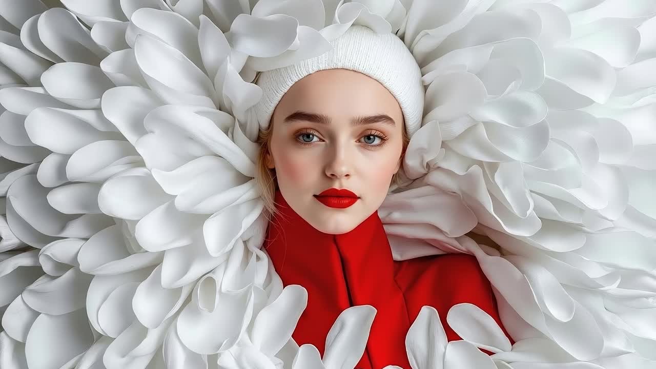 A woman in a white hat and red dress surrounded by white flowers