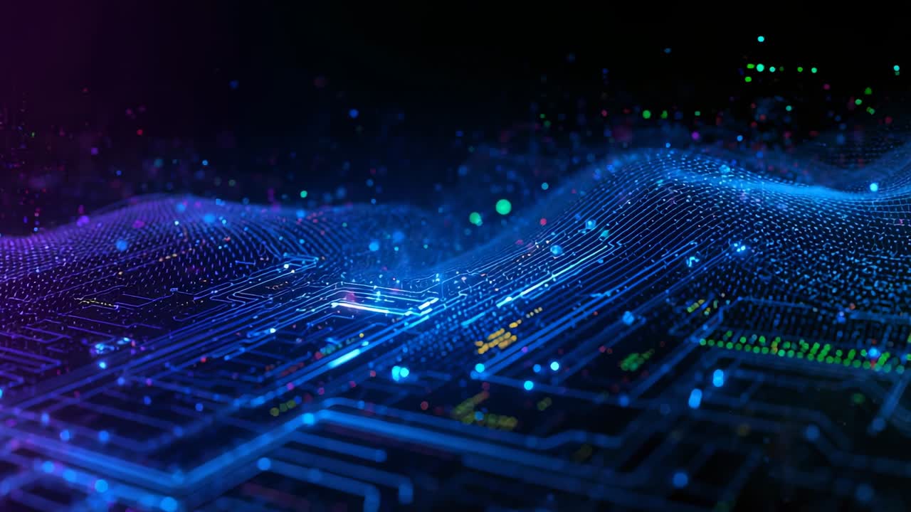 Gliding camera initiating glowing circuit-board grid undulating in cyberspace, with neon data wave