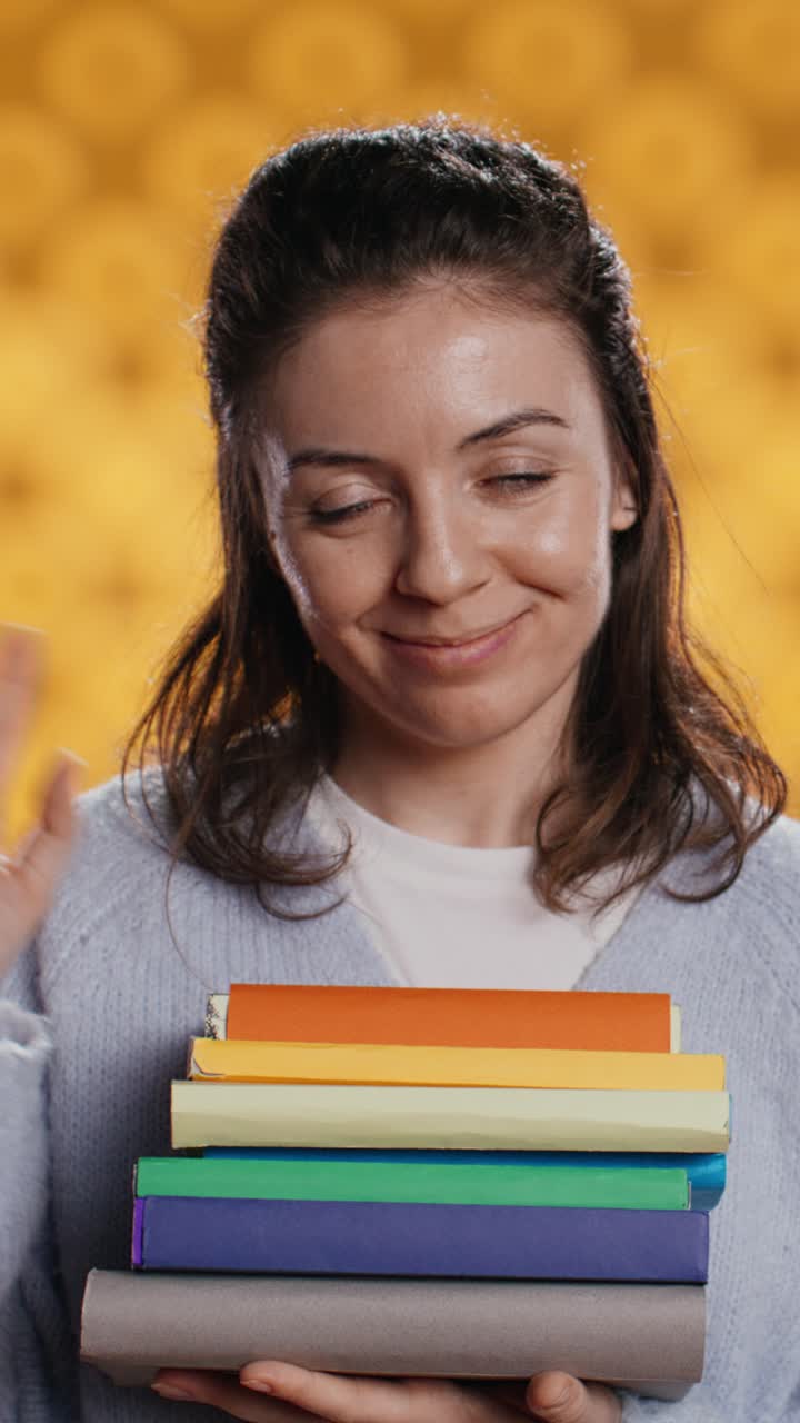 Mulher sorrindo segurando uma pilha de livros coloridos