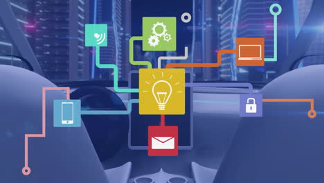 smart city technology icons connecting over futuristic urban landscape