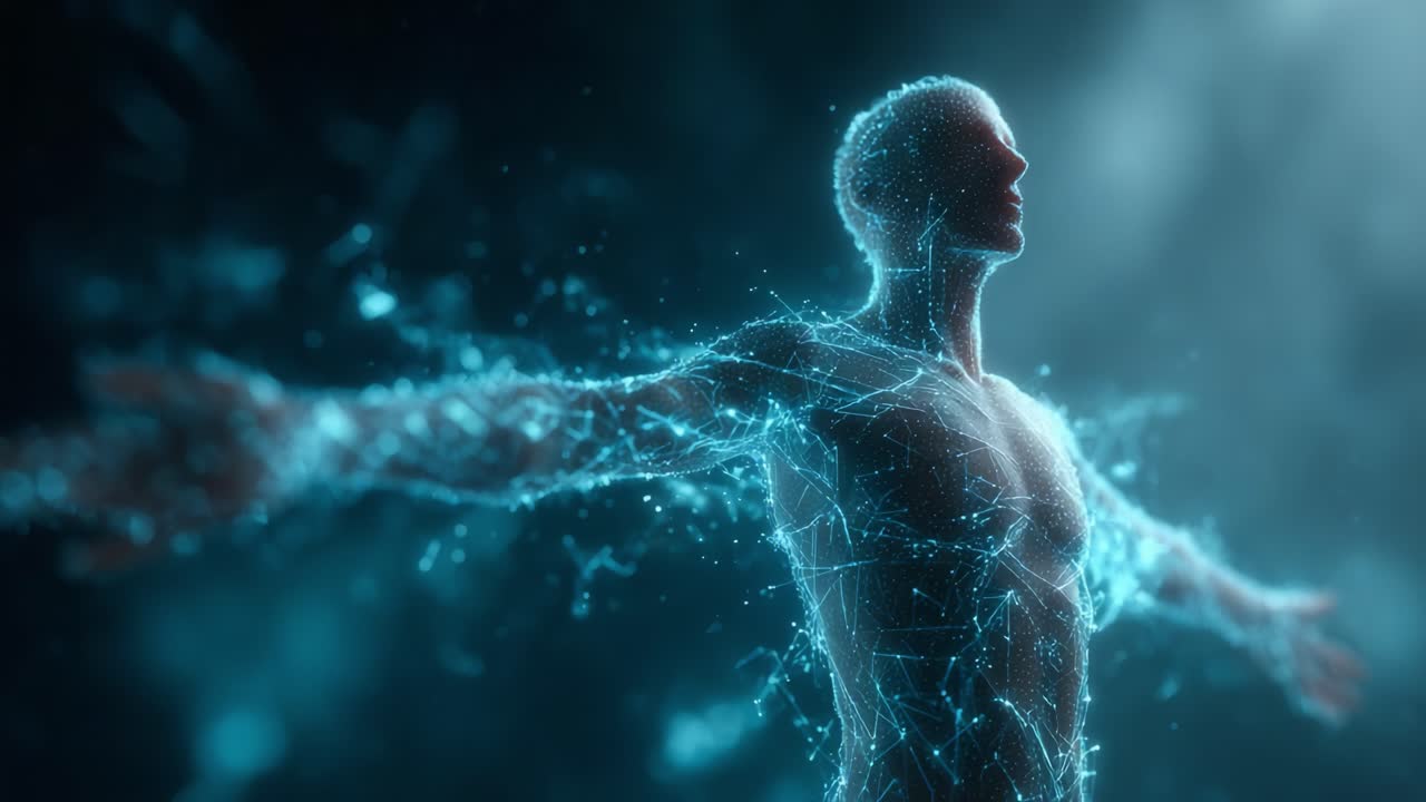A Visually Striking Representation of a Human Figure Created with Complex Geometric Patterns and Dynamic Particles in a Futuristic Digital Environment