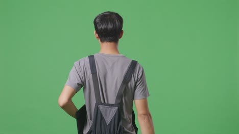 man in coveralls, back view, green screen