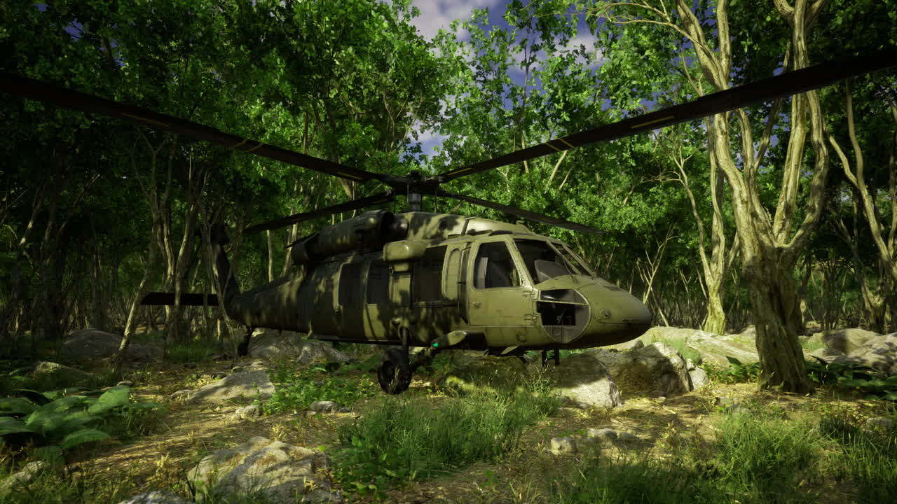 Military helicopter resting among dense jungle foliage in a serene environment