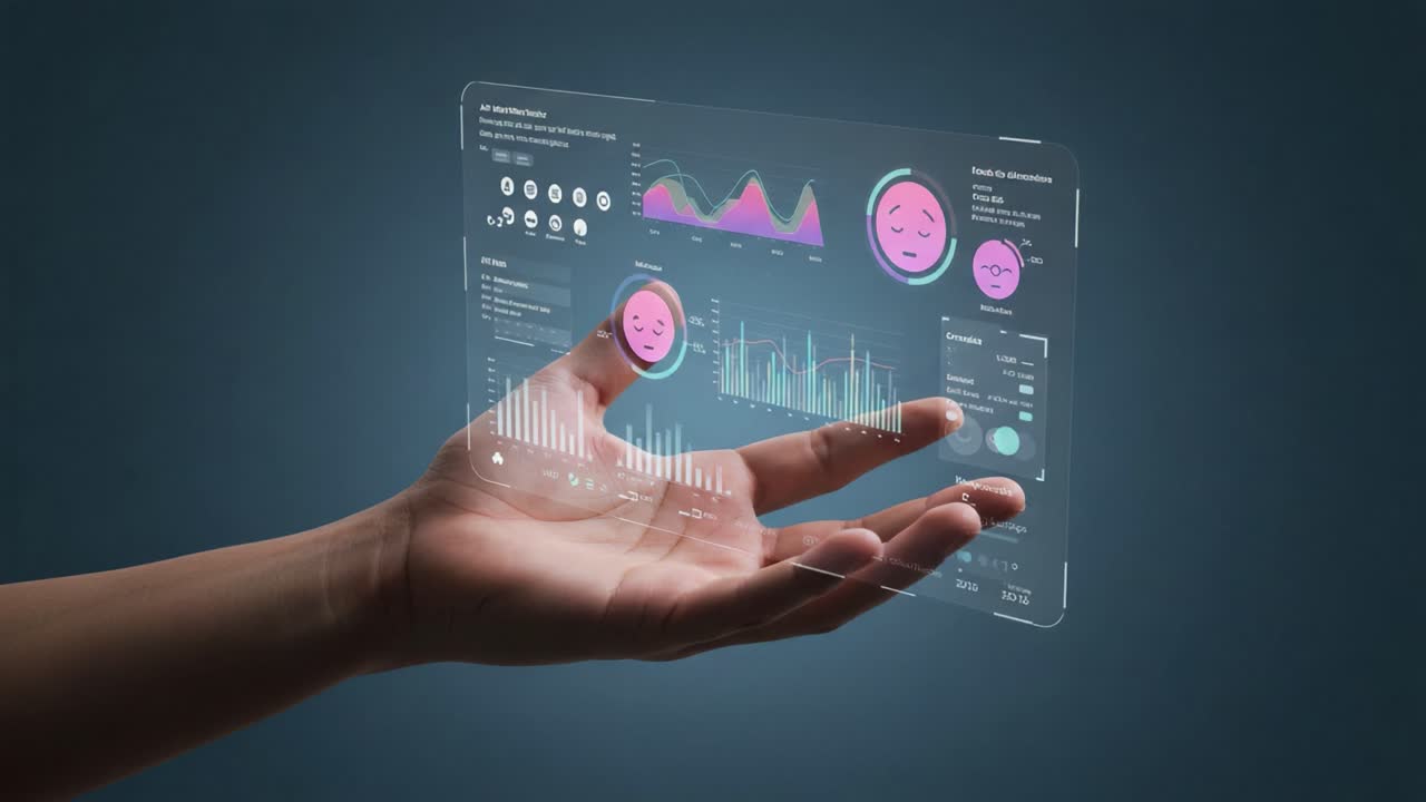 Futuristic Interface Displaying Emotional Data Analytics with Unique Visuals in a Hand, Representing Advanced Technology and Human Interaction in a Digital Era