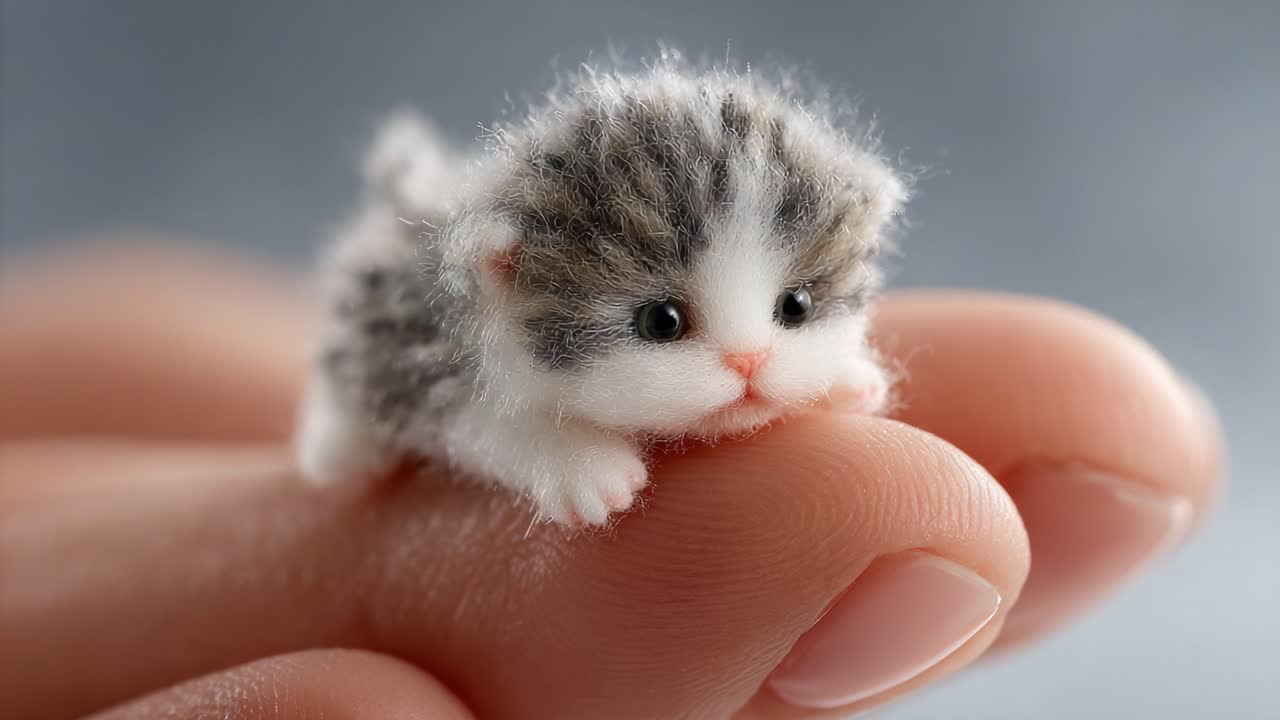 Adorable Miniature Kitten Sitting Comfortably on a Finger, Showcasing its Fluffy Appearance and Big Bright Eyes in a Cute Moment of Innocence