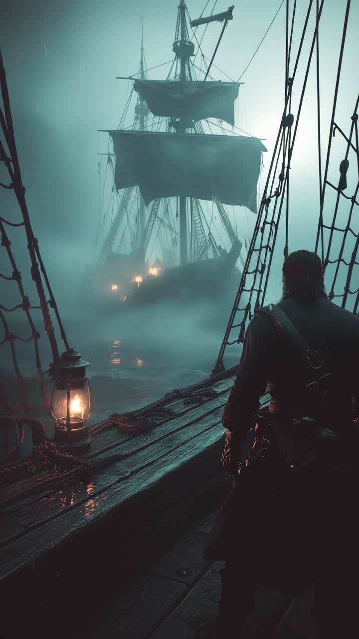 Pirate watching ship in the fog at night