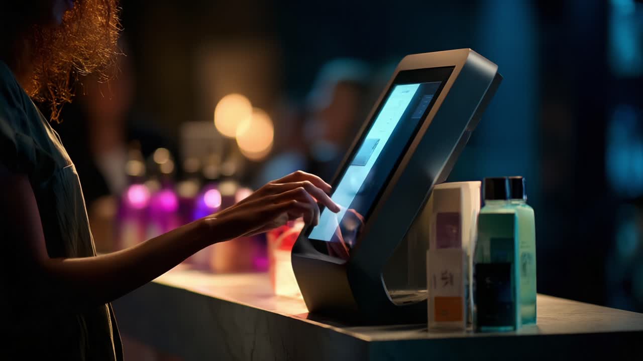 Engaging User Interaction with Touchscreen Technology at a Modern Retail Environment Featuring Colorful Product Displays and Ambient Lighting for a Unique Shopping Experience