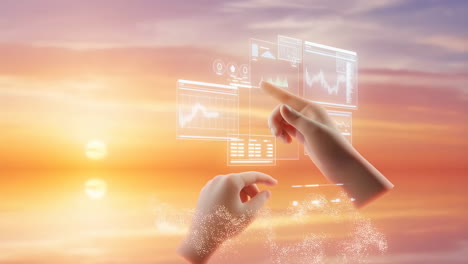 hands interacting with futuristic holographic data interface at sunset