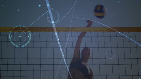 Jugando-Voleibol,-Mujer-Saltando-Cerca-De-La-Red-Con-Animación-De-Visualización-De-Datos