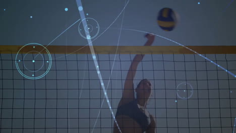 jugando al voleibol, mujer saltando cerca de la red con animación de visualización de datos más