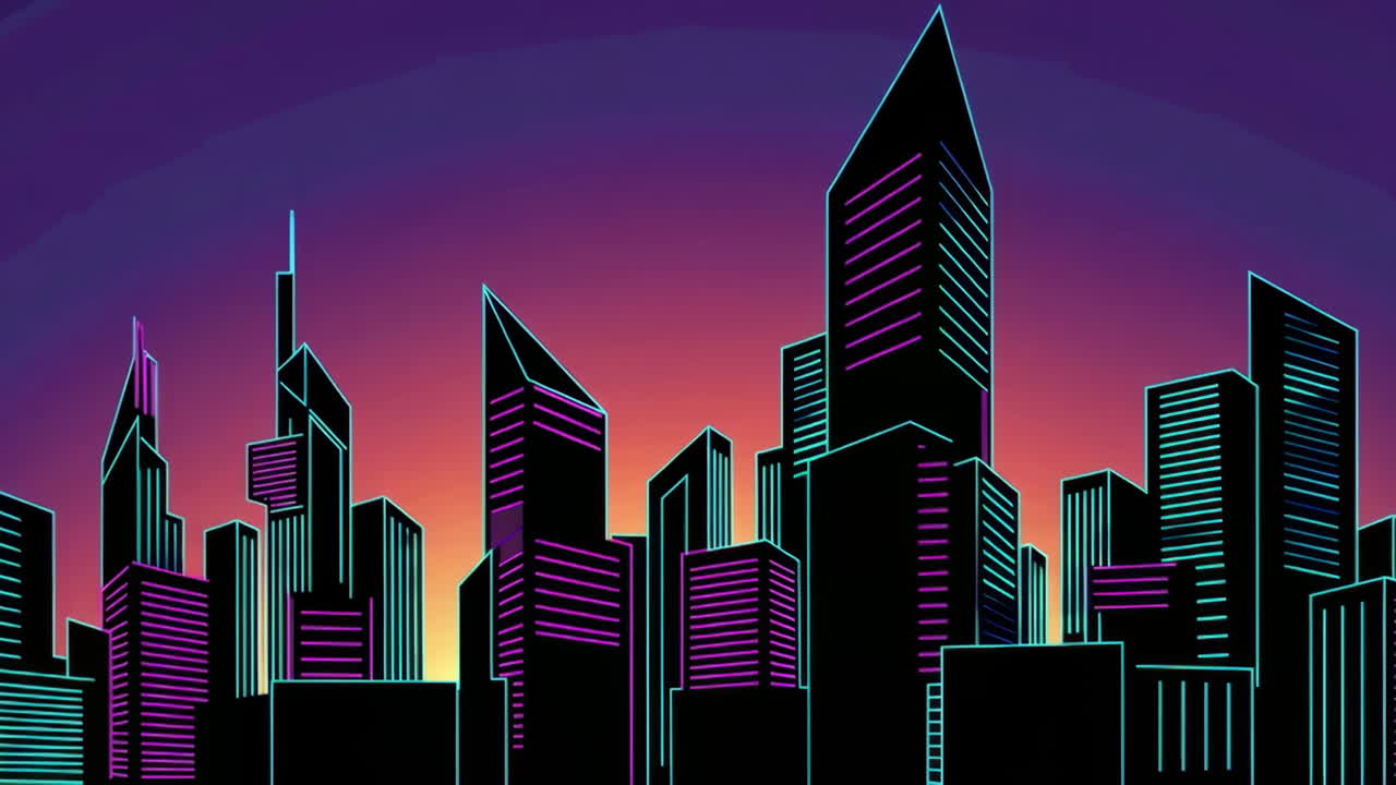 L'orizzonte della città del neon al tramonto
