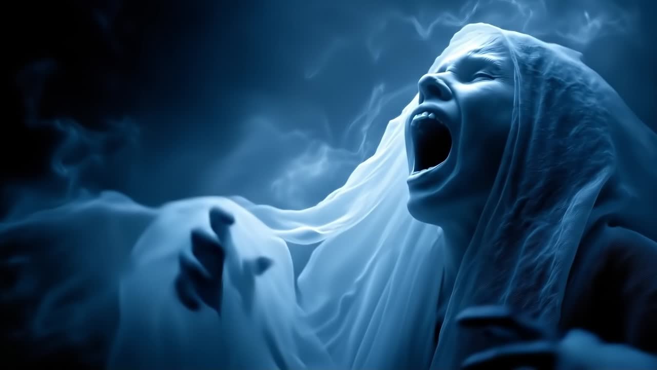 A woman in a white veil screaming in the dark
