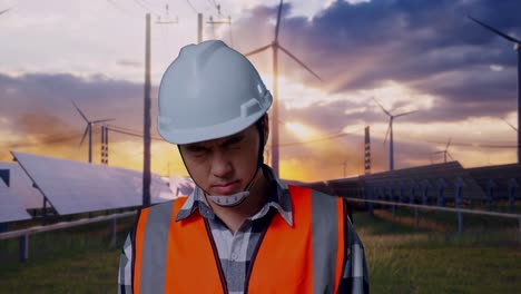 close up of asian male engineer with safety helmet having a headache while working with solar panel and wind turbines