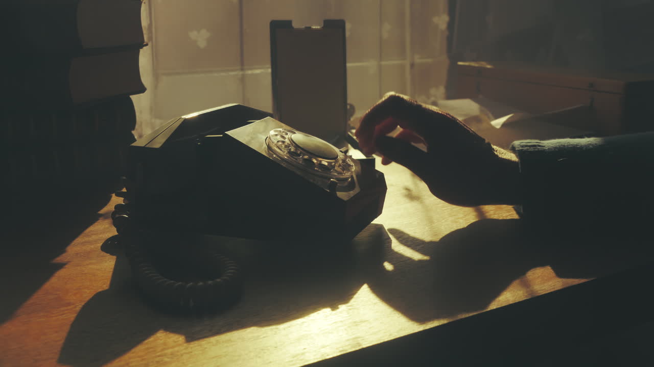 Primo piano teso di dita che tamburellano in attesa su una scrivania illuminata dal sole accanto a un telefono vintage. Concetto di attesa di notizie o di una chiamata stressante.