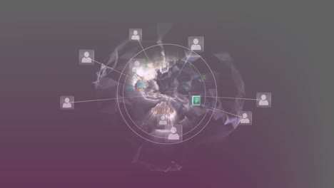 animación de iconos de perfil alrededor del globo y patrones abstractos sobre fondo gris