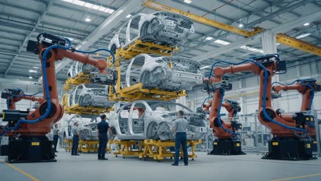 advanced robotic assembly line in action, featuring multiple layers of automobile chassis being prepared by skilled workers in a high-tech manufacturing facility