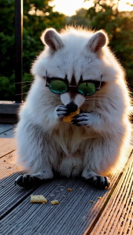 funny raccoon in sunglasses eating a biscuit