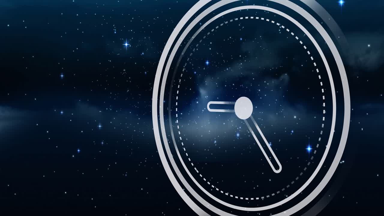 Animation of clock moving over stars on black background