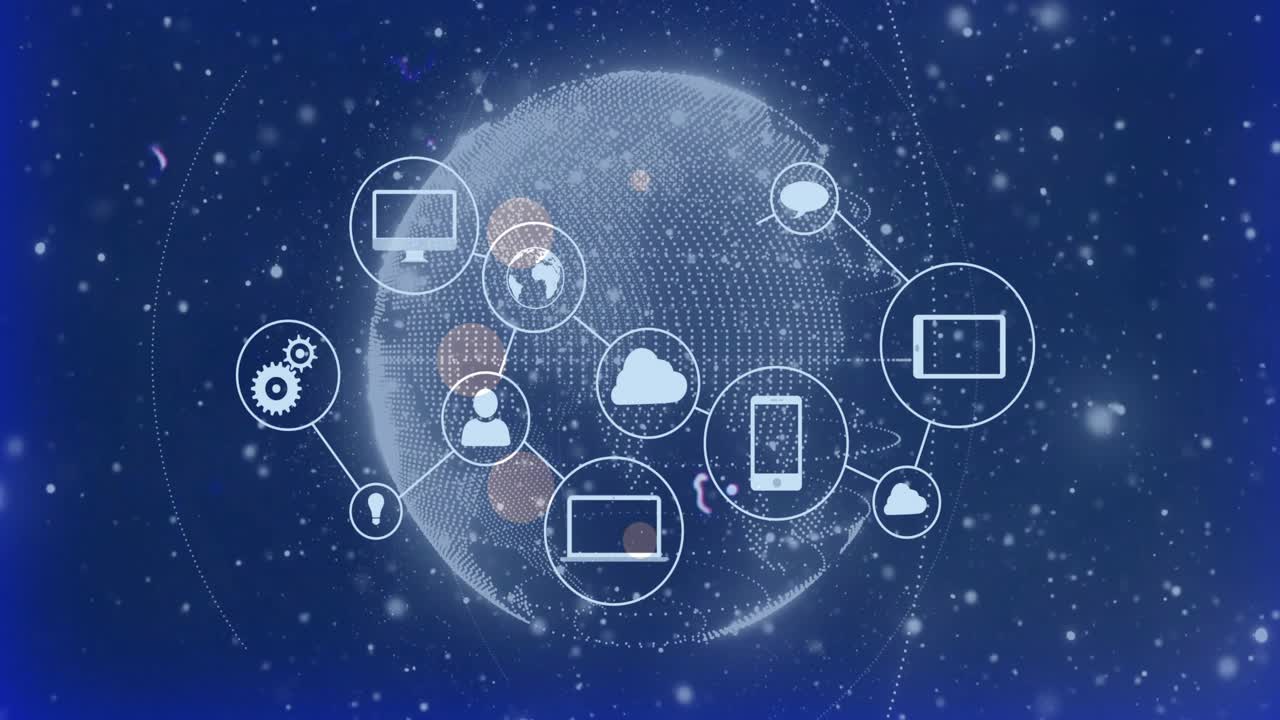 Rotating globe fading cloud icon, spawning gear, bulb, user icons linking devices showing services
