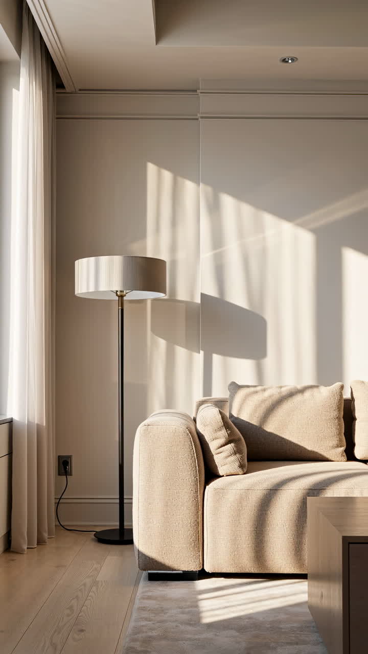 Soggiorno moderno con divano beige e luce del sole