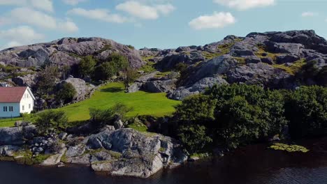 idyllic landscape of lake, forest, and mountains, norway - top view