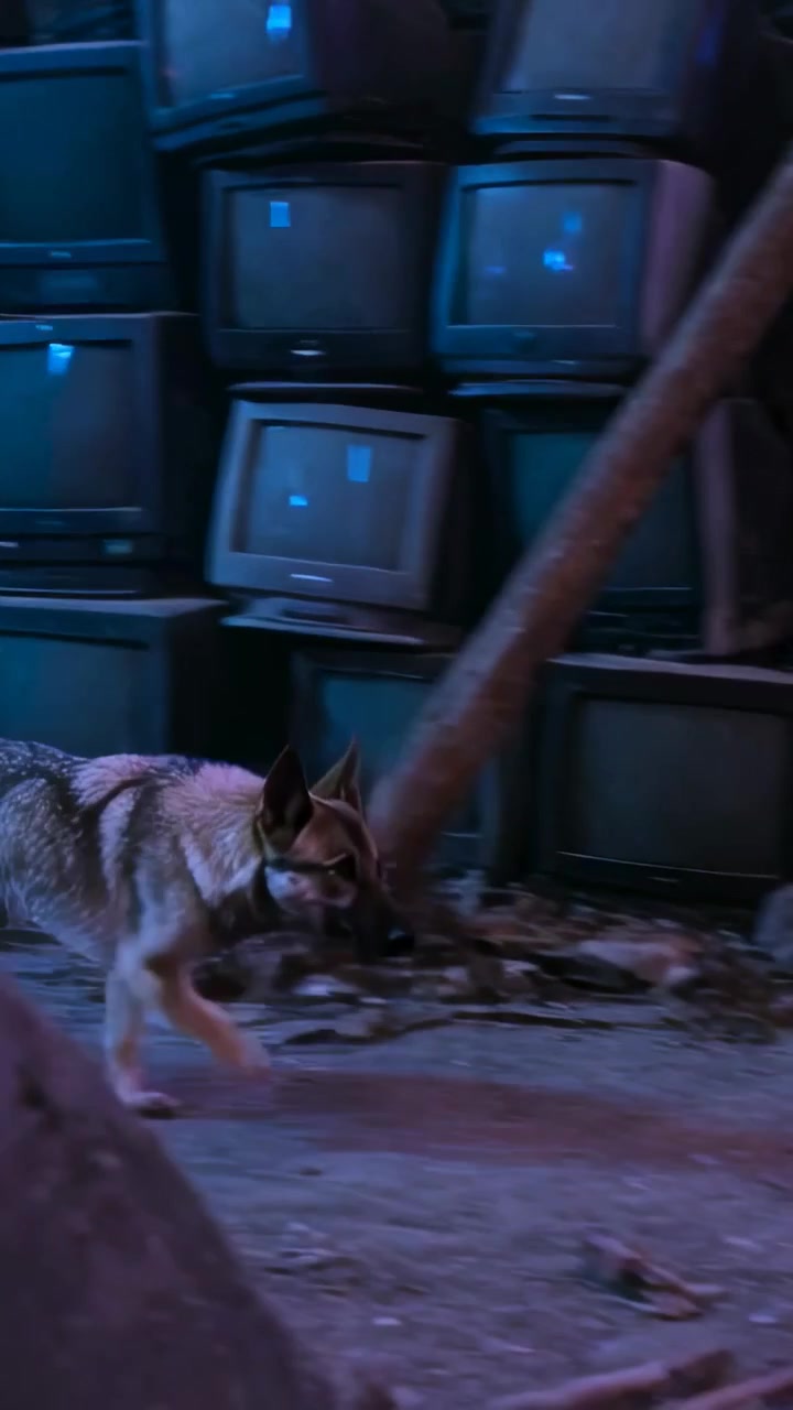 Vídeo vertical: Cão pastor com coleira entrando pela esquerda, farejando rastro em pilhas de CRTs abandonadas e iluminadas por neon