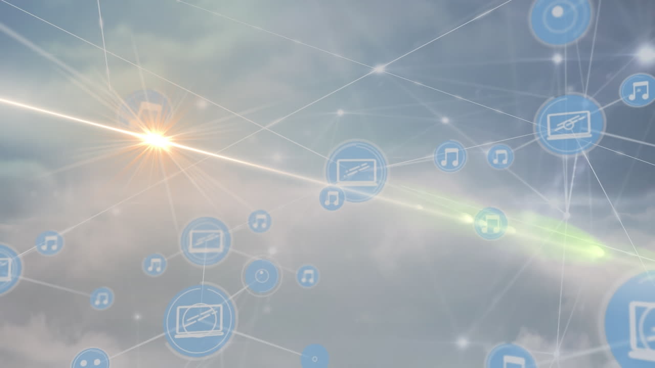 구름이 가득한 하늘 위의 빛과 연결 네트워크의 애니메이션