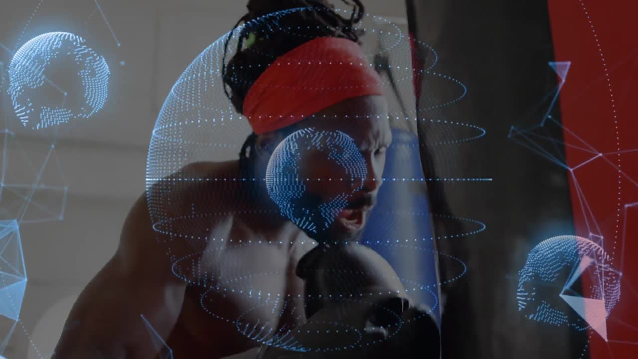 animación de procesamiento de datos y globos sobre hombre afroamericano boxeo en el gimnasio.