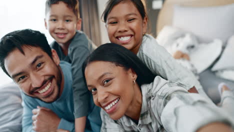 selfie, family and happy with children in bedroom