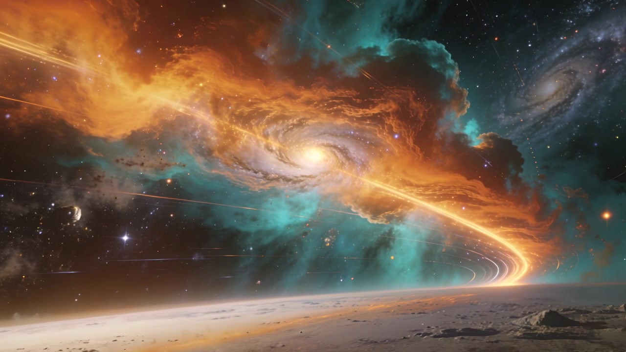 Nastro arancione emesso, nucleo spirale luminoso che si estende verso l'orizzonte su un pianeta alieno