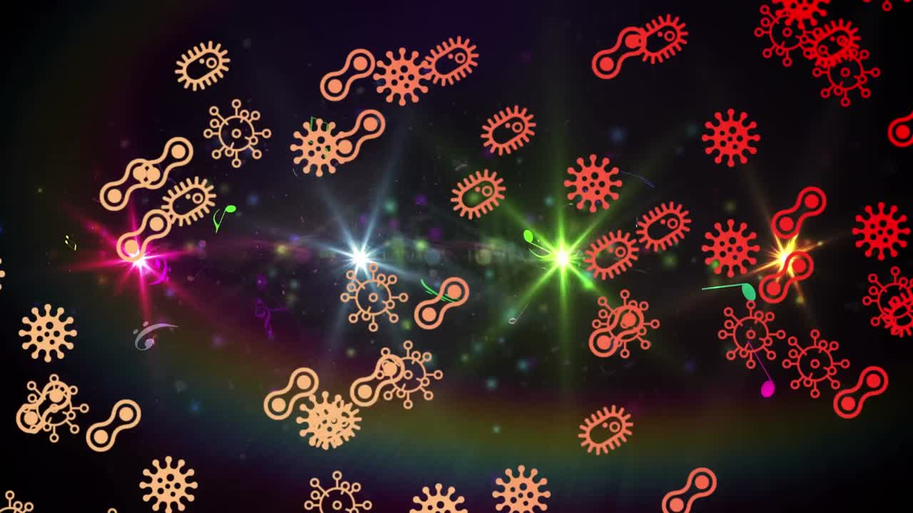 검은 바탕에 있는 노트와 밝은 반점 위에 있는 바이러스 세포의 애니메이션