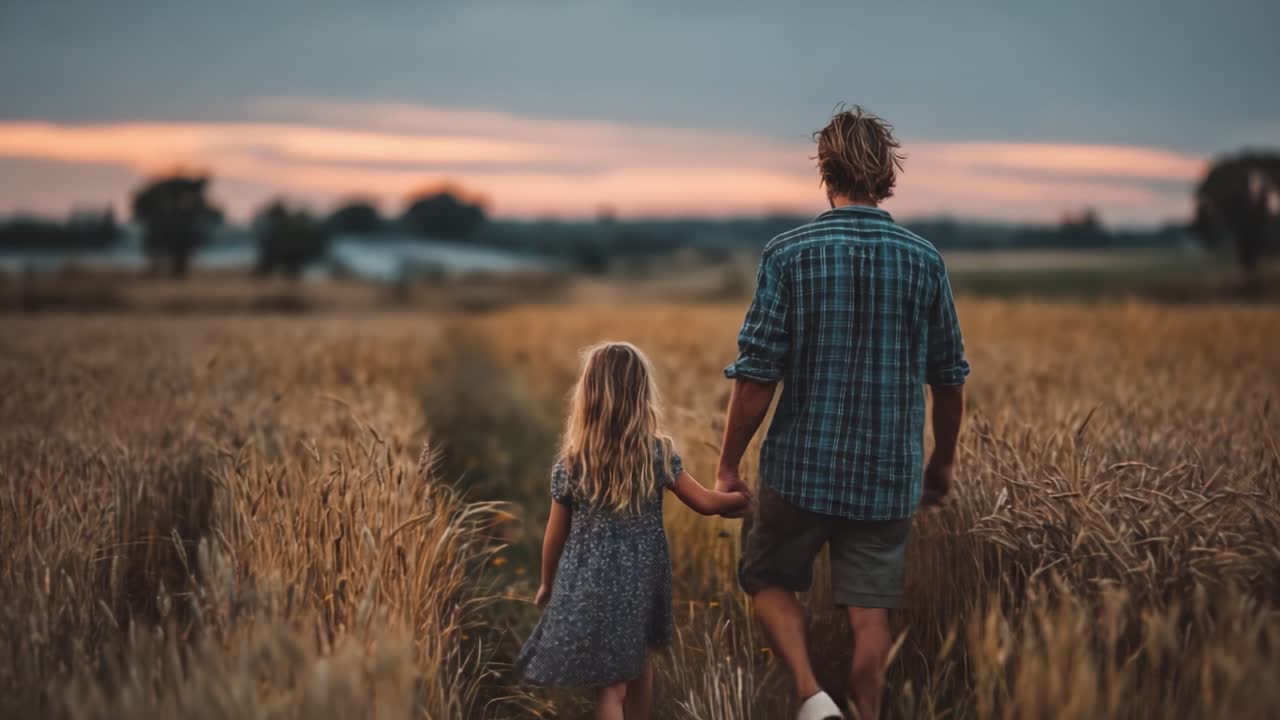 A serene moment shared between a parent and child as they walk hand in hand through a golden wheat field at twilight, embracing nature's beauty and tranquility