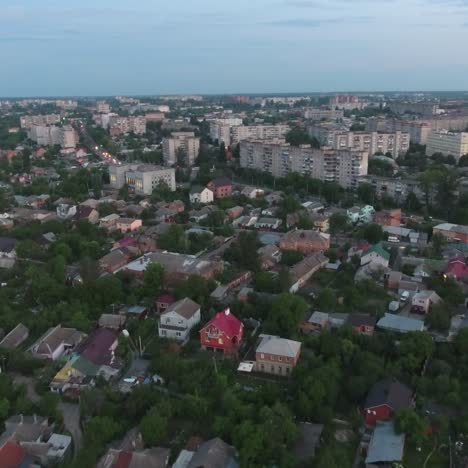 Small City In The Evening Time. Aerial shot of the small city in the evening time, Ukraine