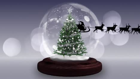 Animation-of-santa-claus-in-sleigh-with-reindeer-over-snow-globe-on-grey-background