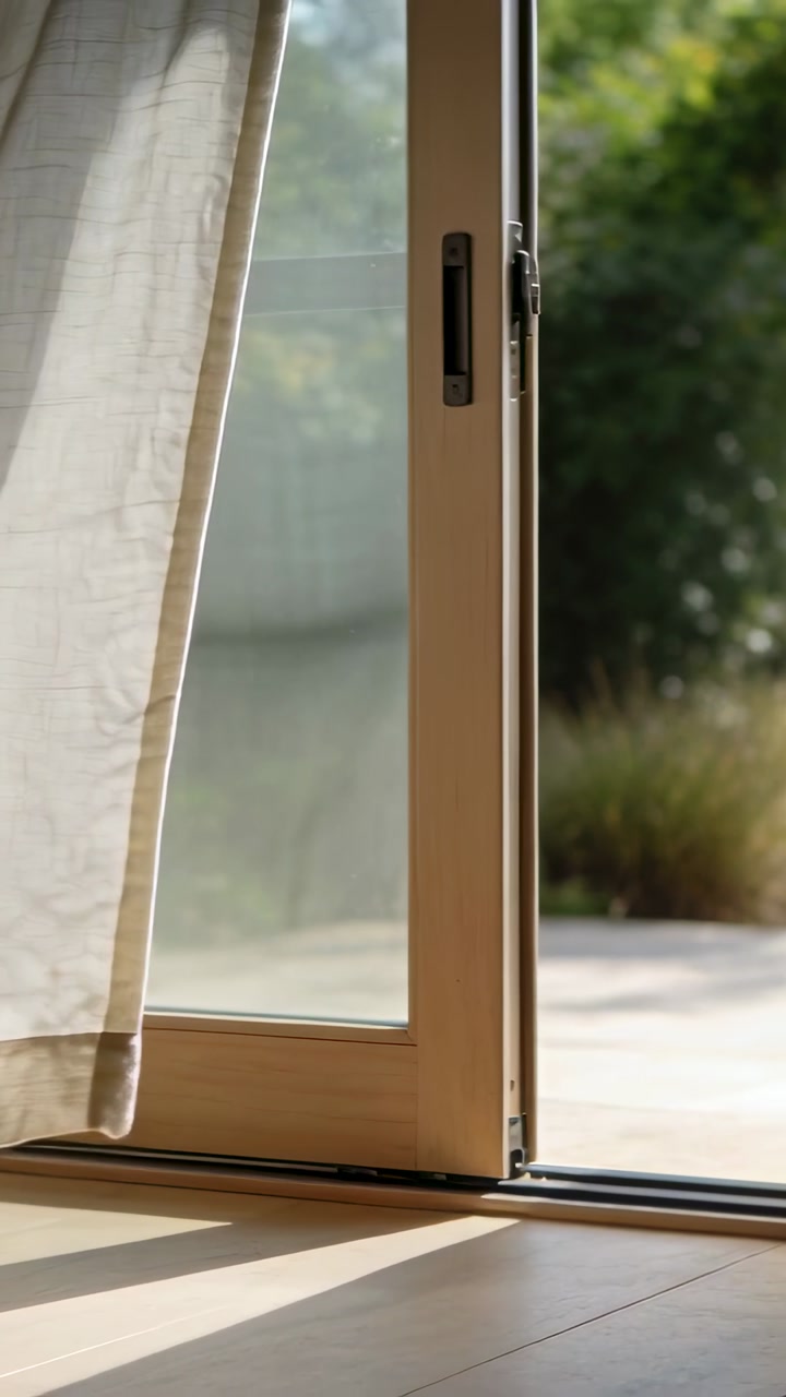 Vertical video: Gust pushing curtain inward, sheers billowing at glass door at home, letting sun in