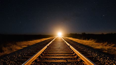a journey through the stars: captivating nighttime railroad tracks under a starlit sky leading towards an approaching train's dazzling light