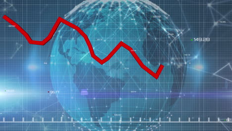 animation of red line and data processing over globe and grid