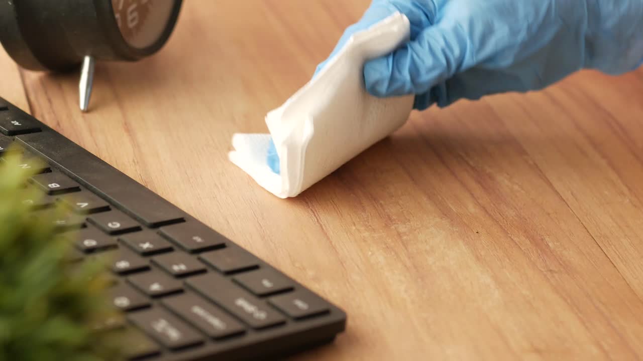 limpiando un escritorio con guantes