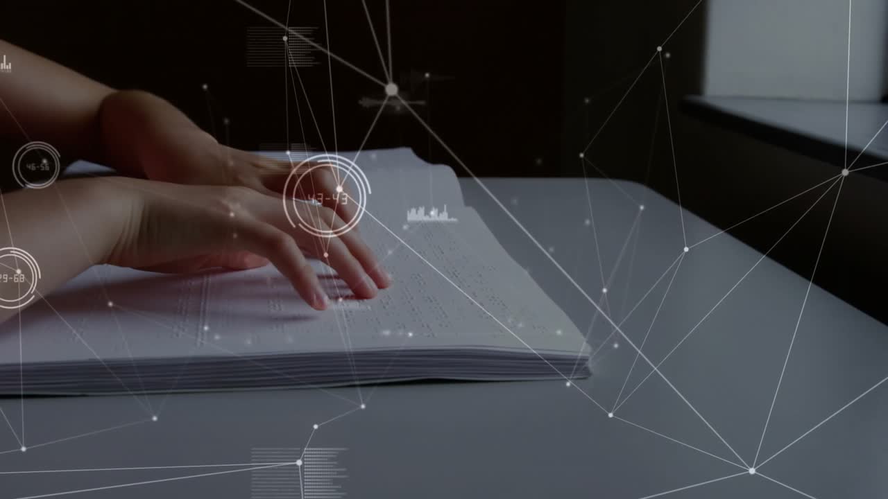 Child gliding fingertips across raised-text book on desk, producing network overlays for education