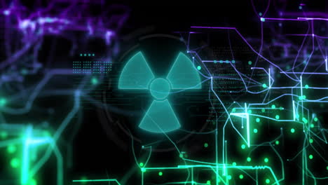 radiation hazard symbol animation over digital network and data processing visualization