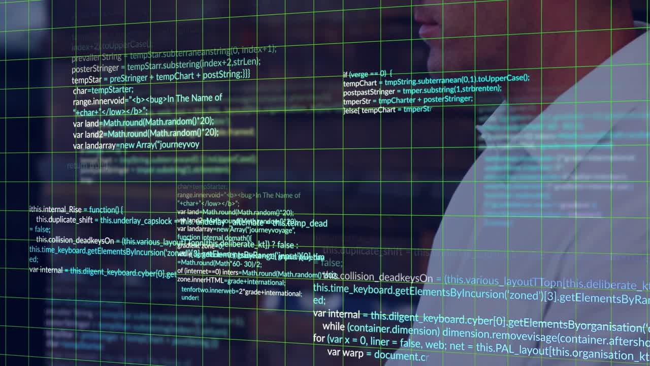 Mandlig koder udforsker et teknologisk arbejdsområde, navigerer i et neongrønt gitter og kodeoverlejringer