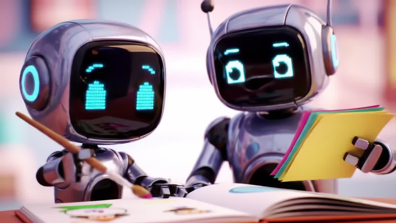 Two friendly robots are seen exploring a colorful book, sharing ideas and tools about art techniques in a bright and imaginative classroom environment.